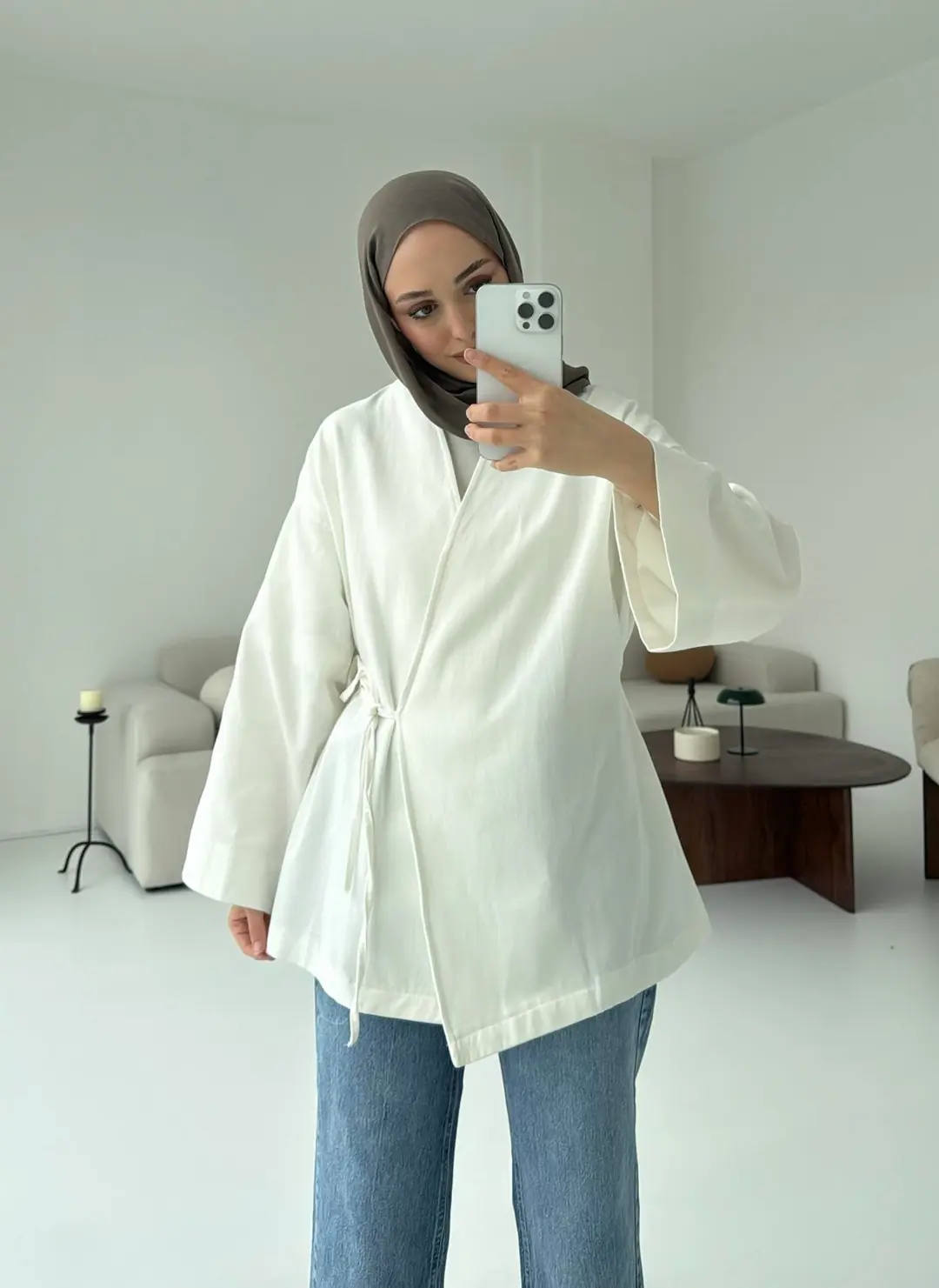 Yandan Bağlama Kimono Beyaz - Görsel 10