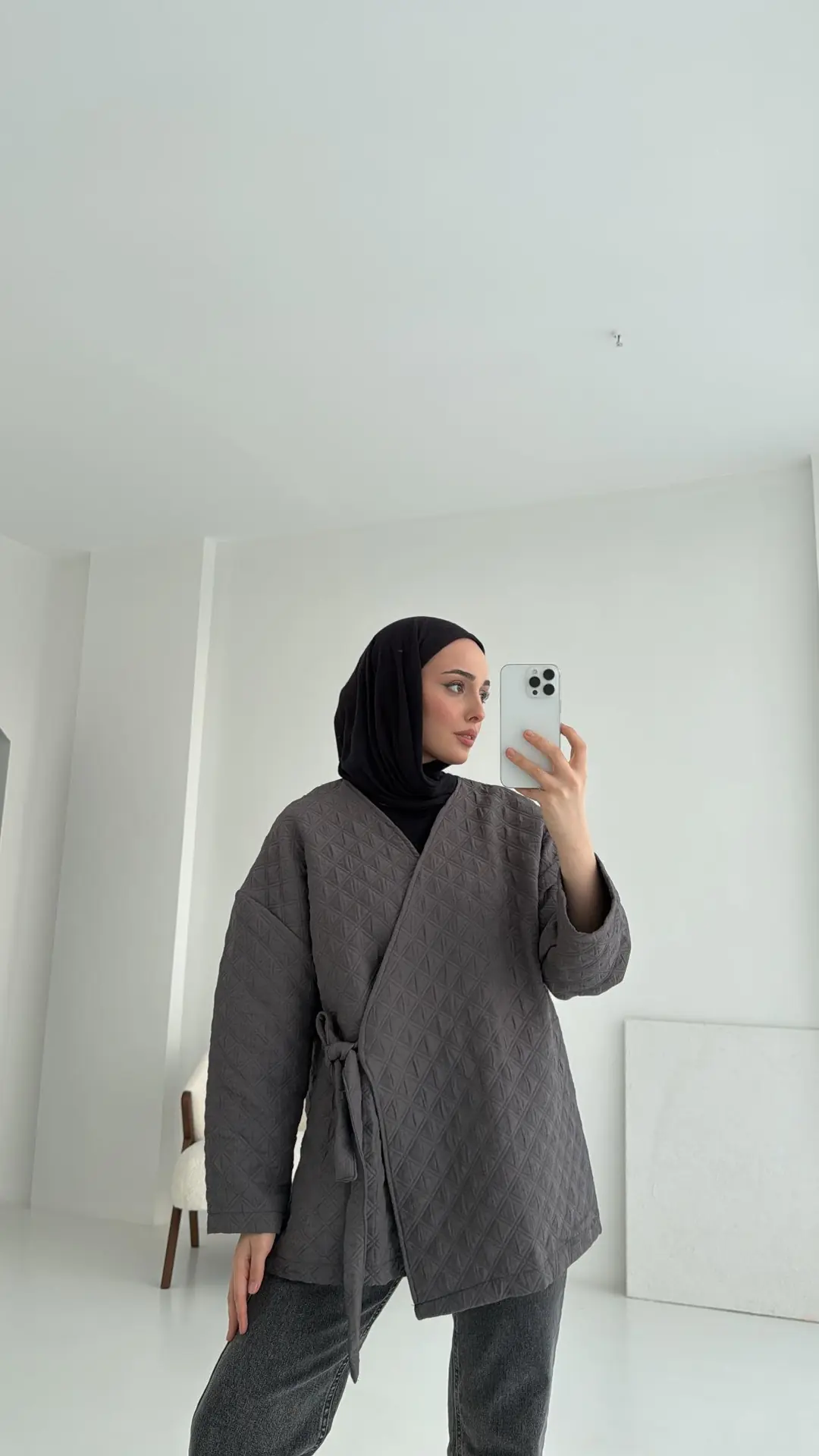 Yandan Bağlamalı Kapitone Ceket Gri - Görsel 2