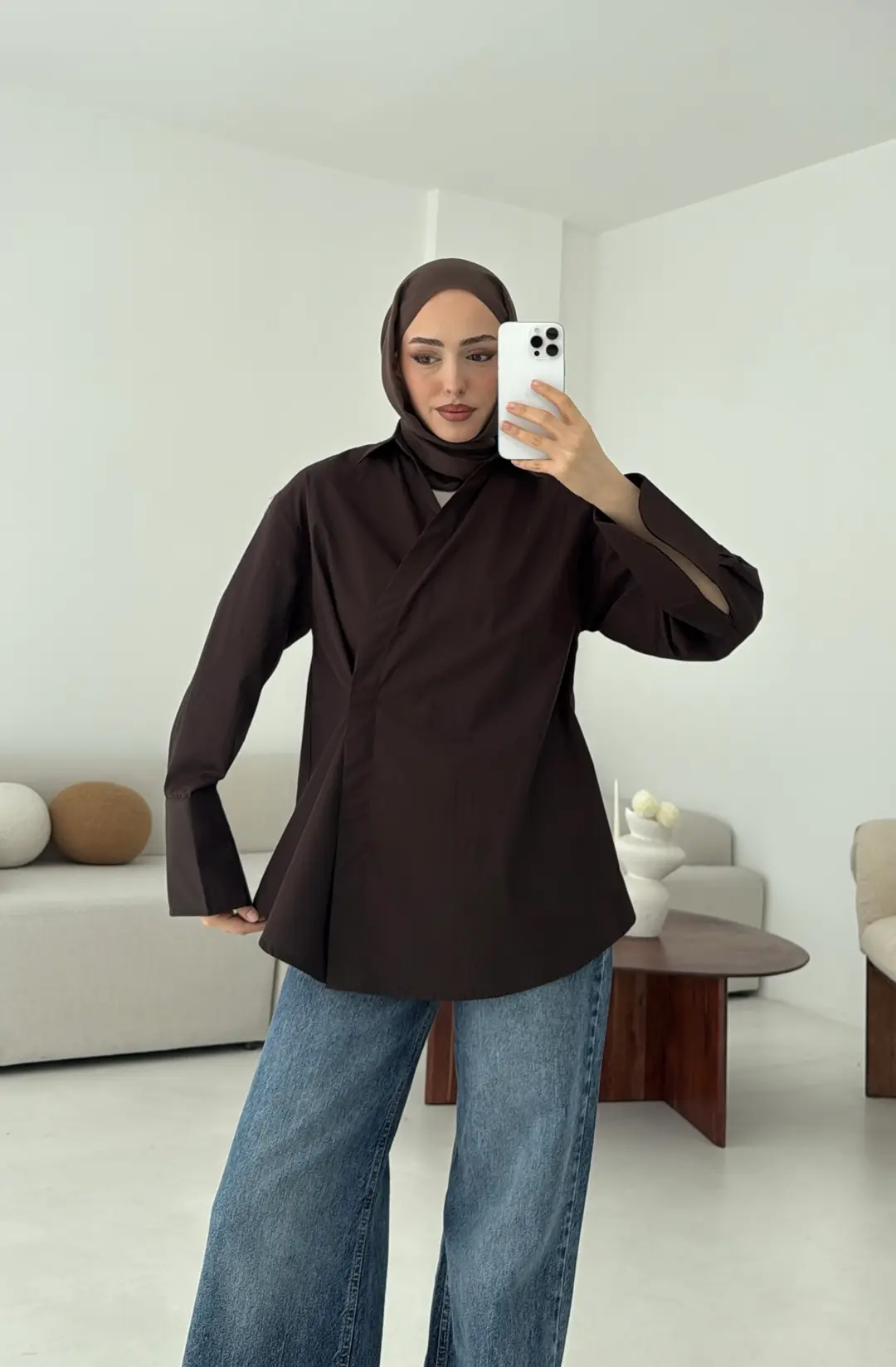 Yandan Düğmeli Gömlek Kahve - Görsel 3