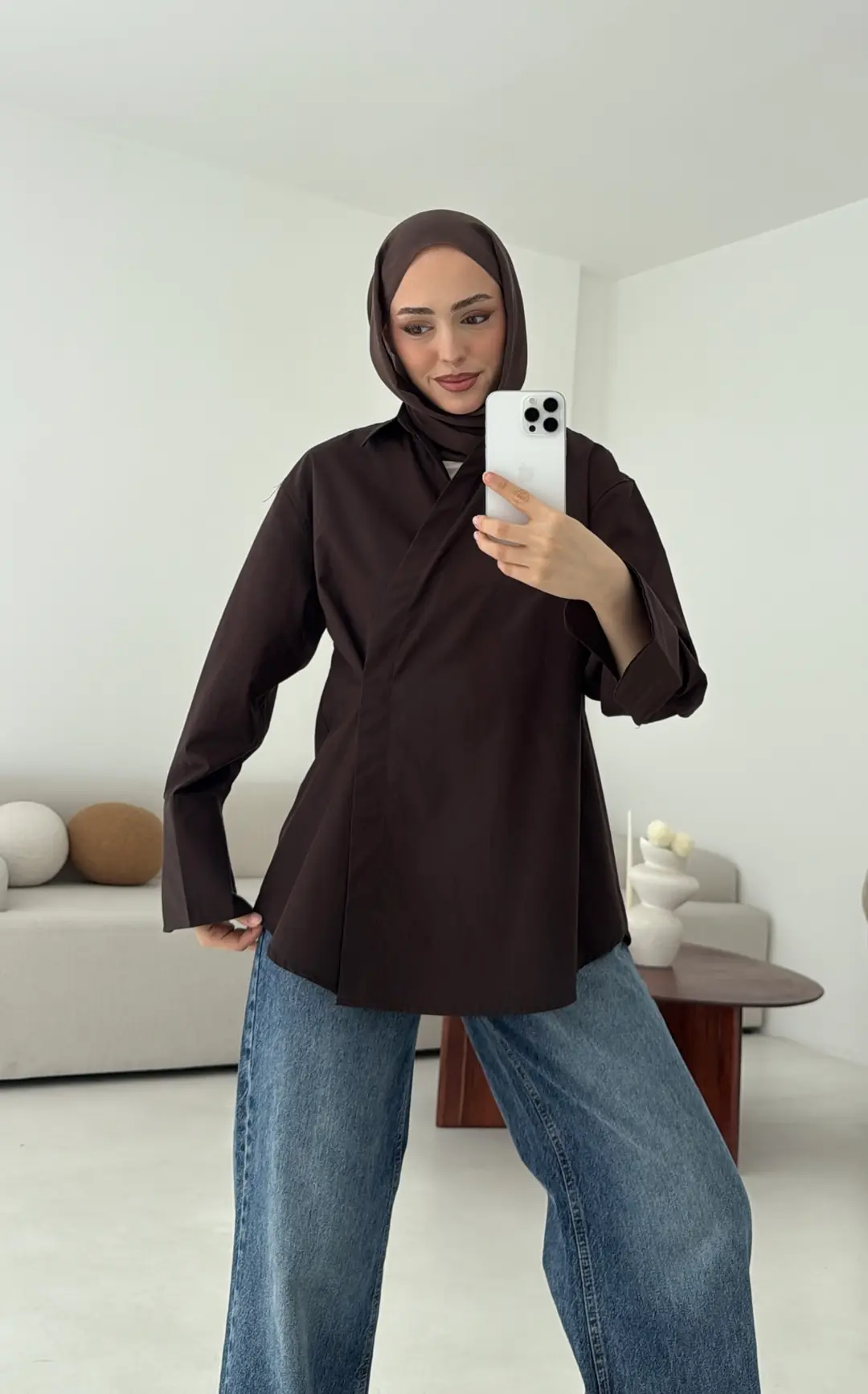 Yandan Düğmeli Gömlek Kahve - Görsel 4