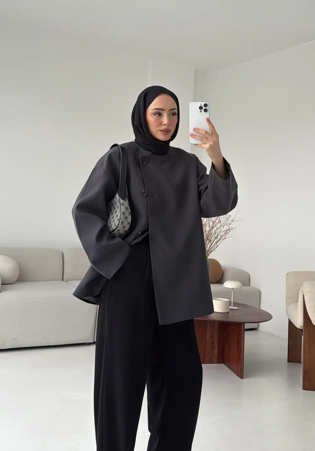 Yandan Düğmeli Kemerli Ceket Antrasit - Görsel 4