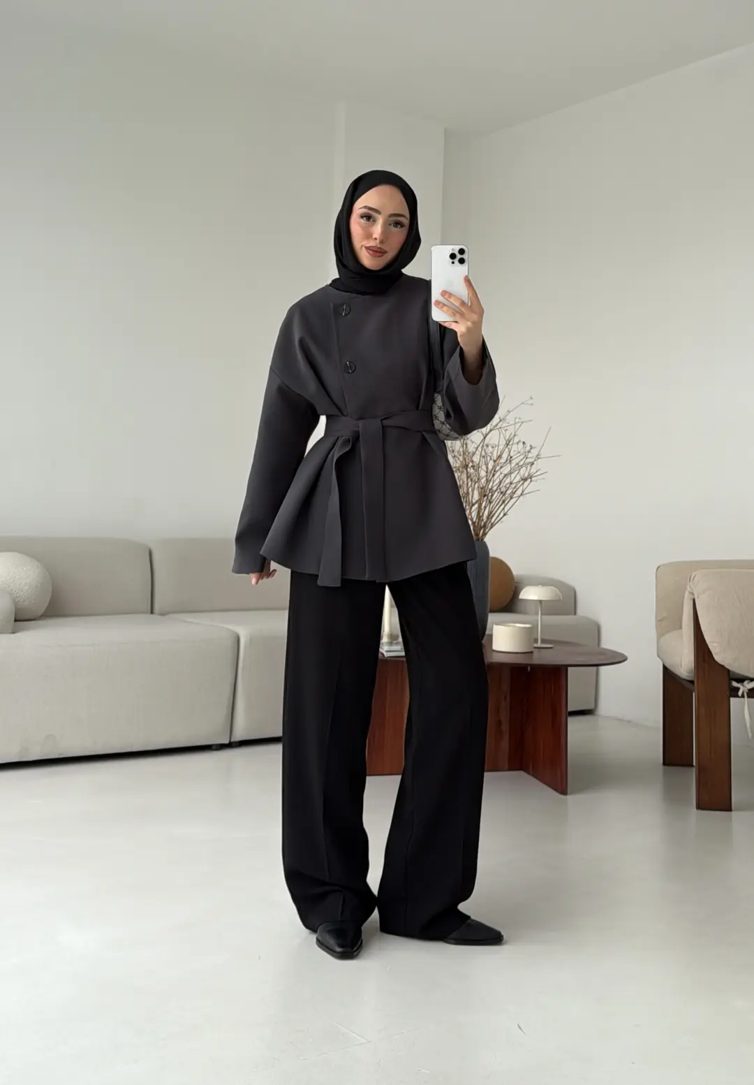 Yandan Düğmeli Kemerli Ceket Antrasit - Görsel 7