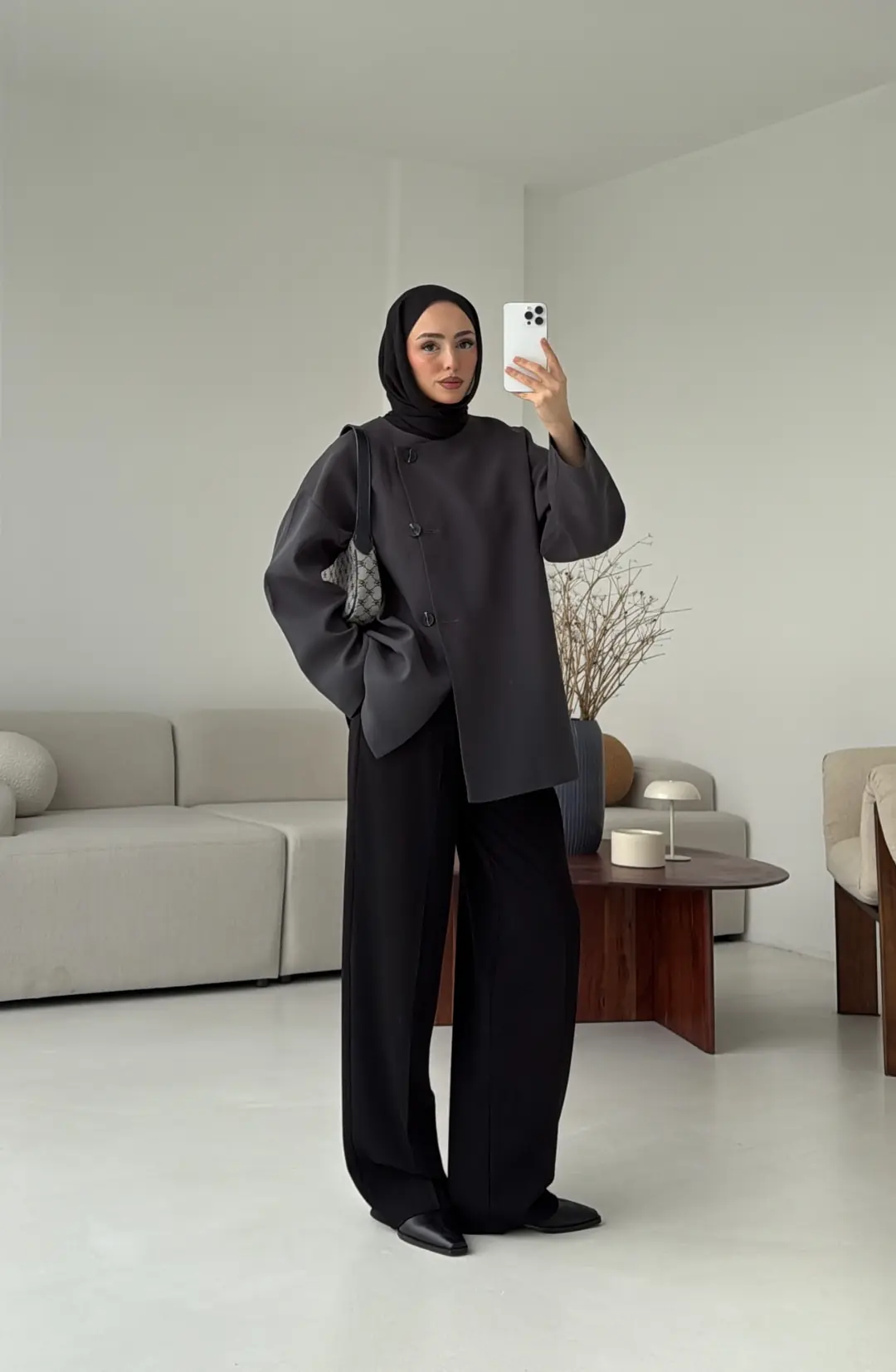 Yandan Düğmeli Kemerli Ceket Antrasit - Görsel 9