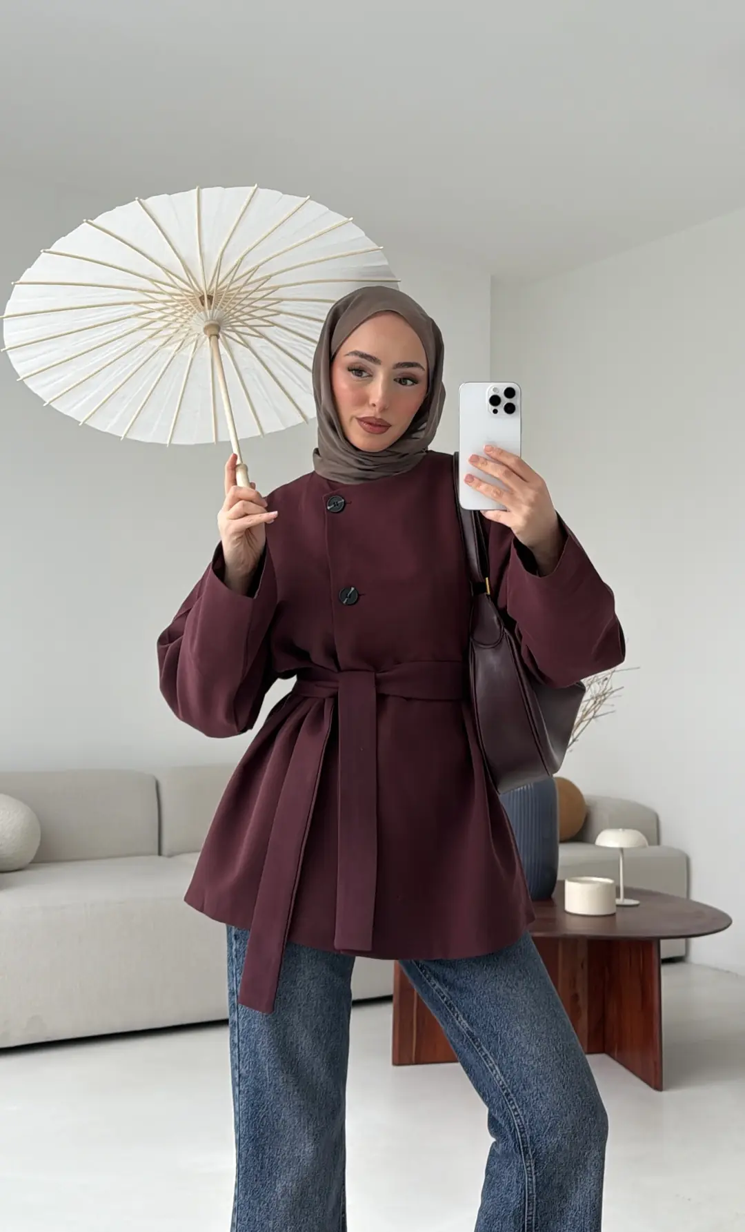 Yandan Düğmeli Kemerli Ceket Bordo