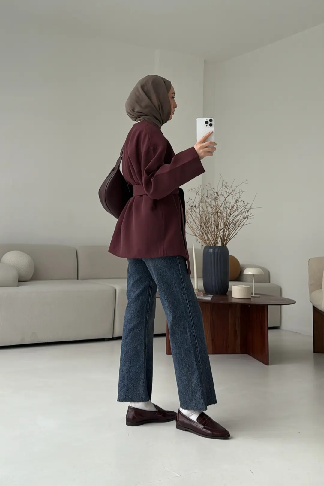 Yandan Düğmeli Kemerli Ceket Bordo - Görsel 2