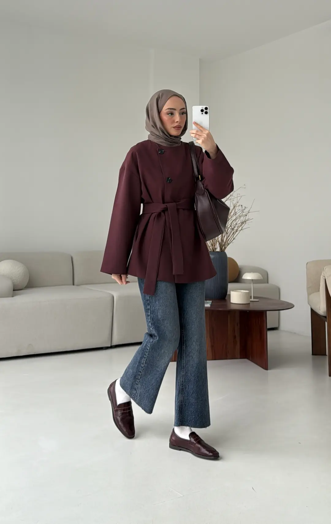 Yandan Düğmeli Kemerli Ceket Bordo - Görsel 4