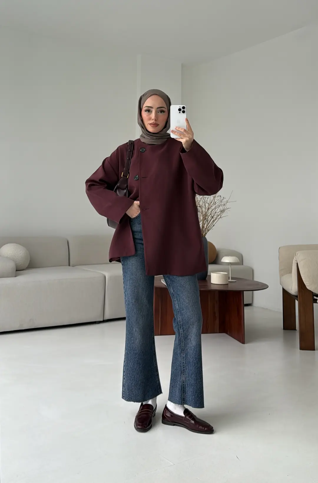 Yandan Düğmeli Kemerli Ceket Bordo - Görsel 5