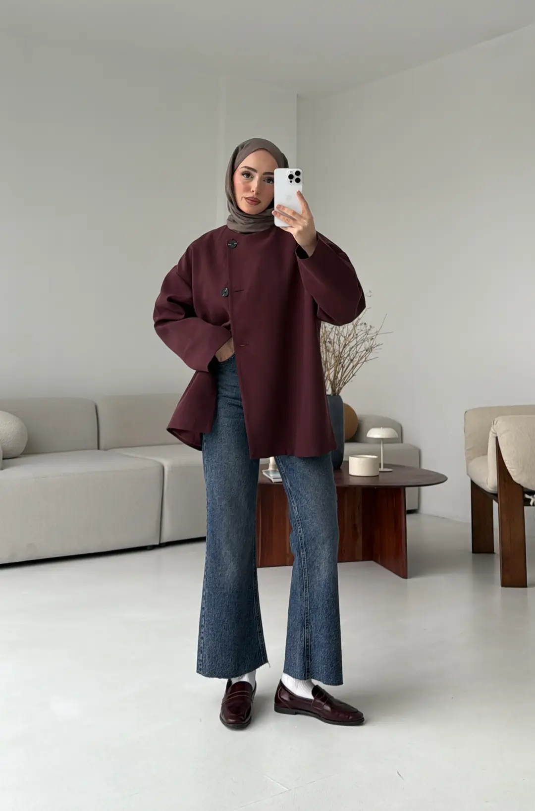 Yandan Düğmeli Kemerli Ceket Bordo - Görsel 6