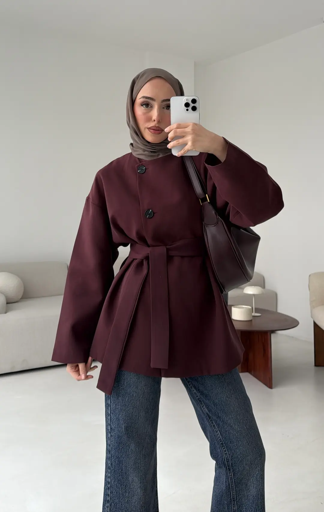 Yandan Düğmeli Kemerli Ceket Bordo - Görsel 7