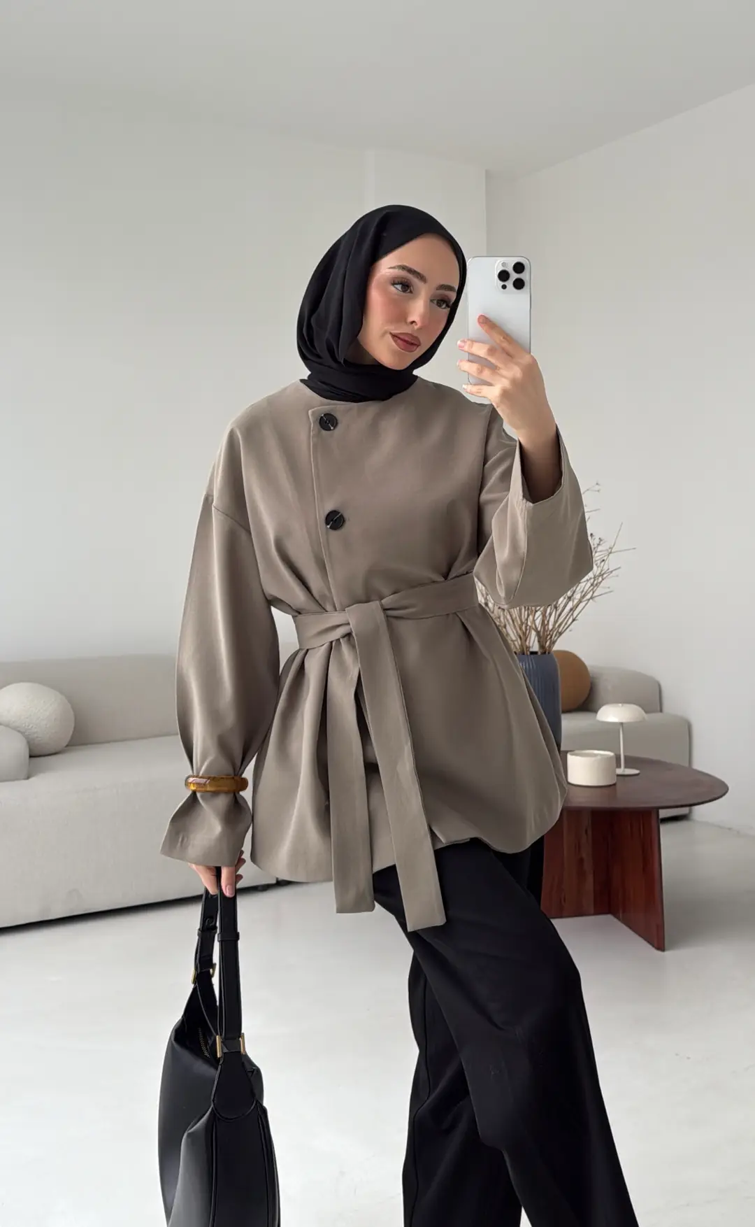 Yandan Düğmeli Kemerli Ceket Haki