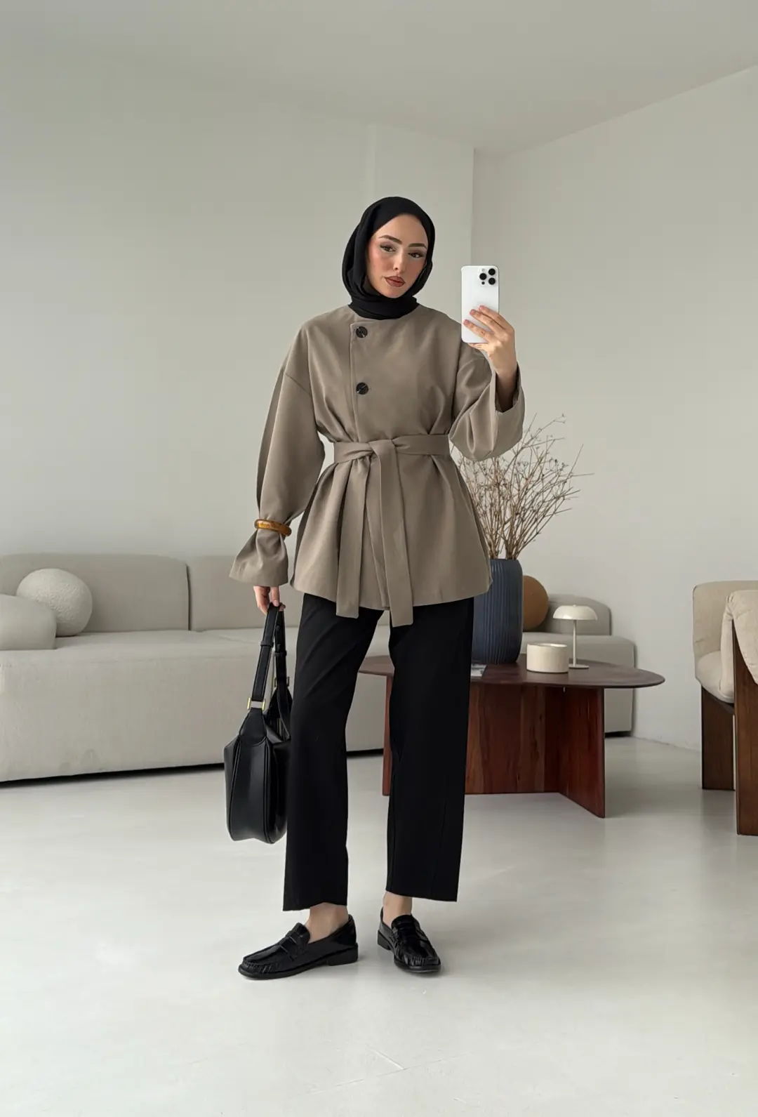 Yandan Düğmeli Kemerli Ceket Haki - Görsel 6