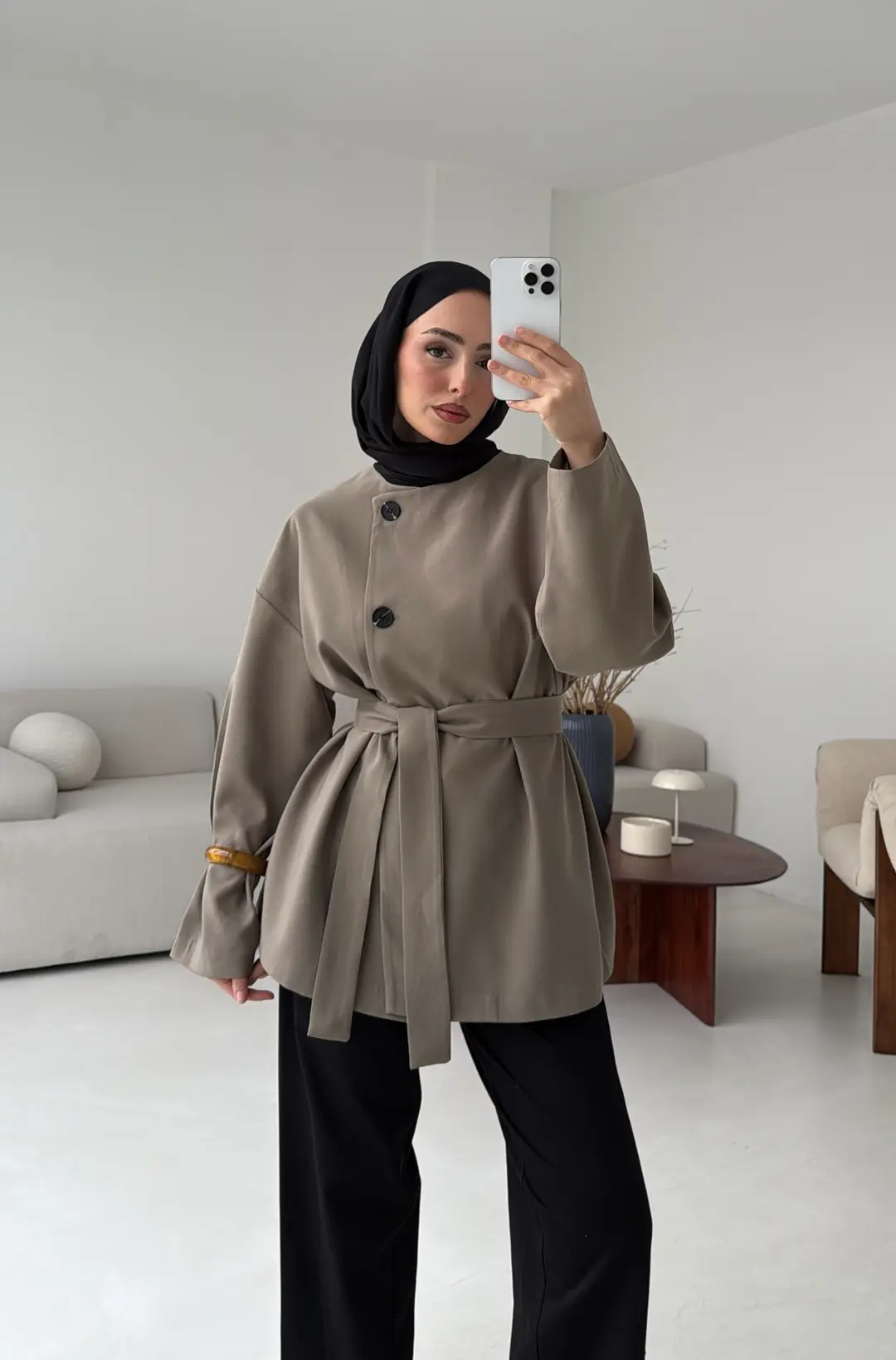 Yandan Düğmeli Kemerli Ceket Haki - Görsel 7