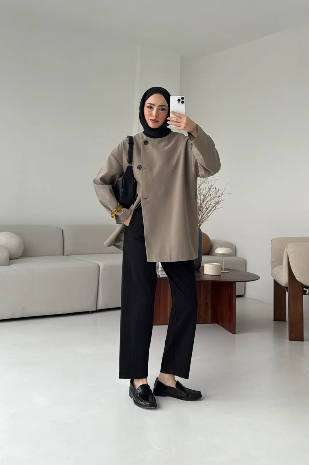 Yandan Düğmeli Kemerli Ceket Haki - Görsel 8