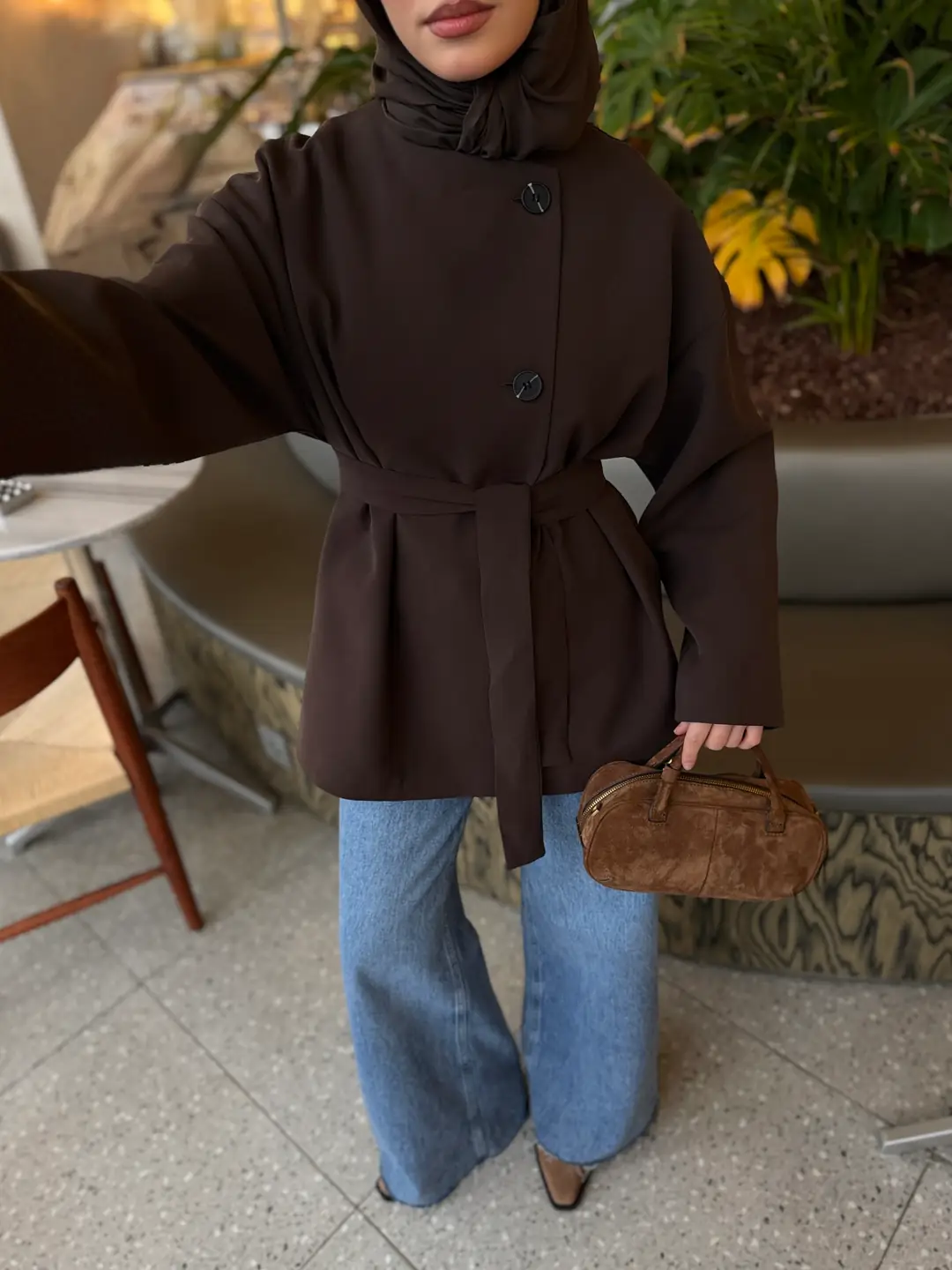 Yandan Düğmeli Kemerli Ceket Kahve - Görsel 2