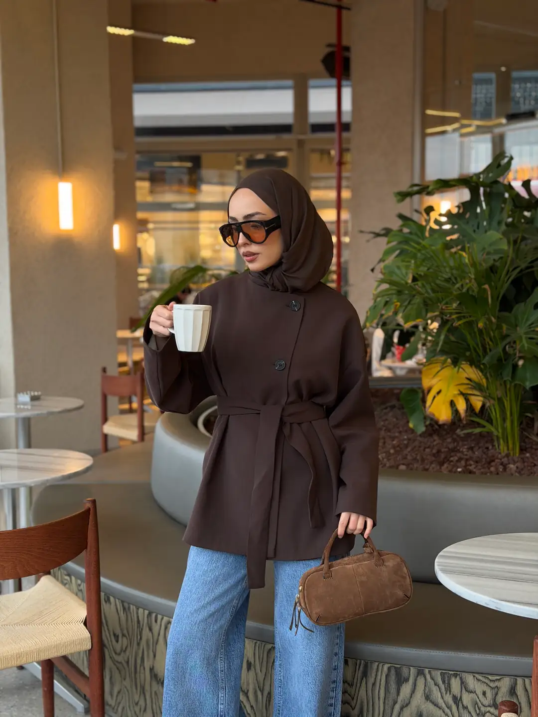 Yandan Düğmeli Kemerli Ceket Kahve - Görsel 7