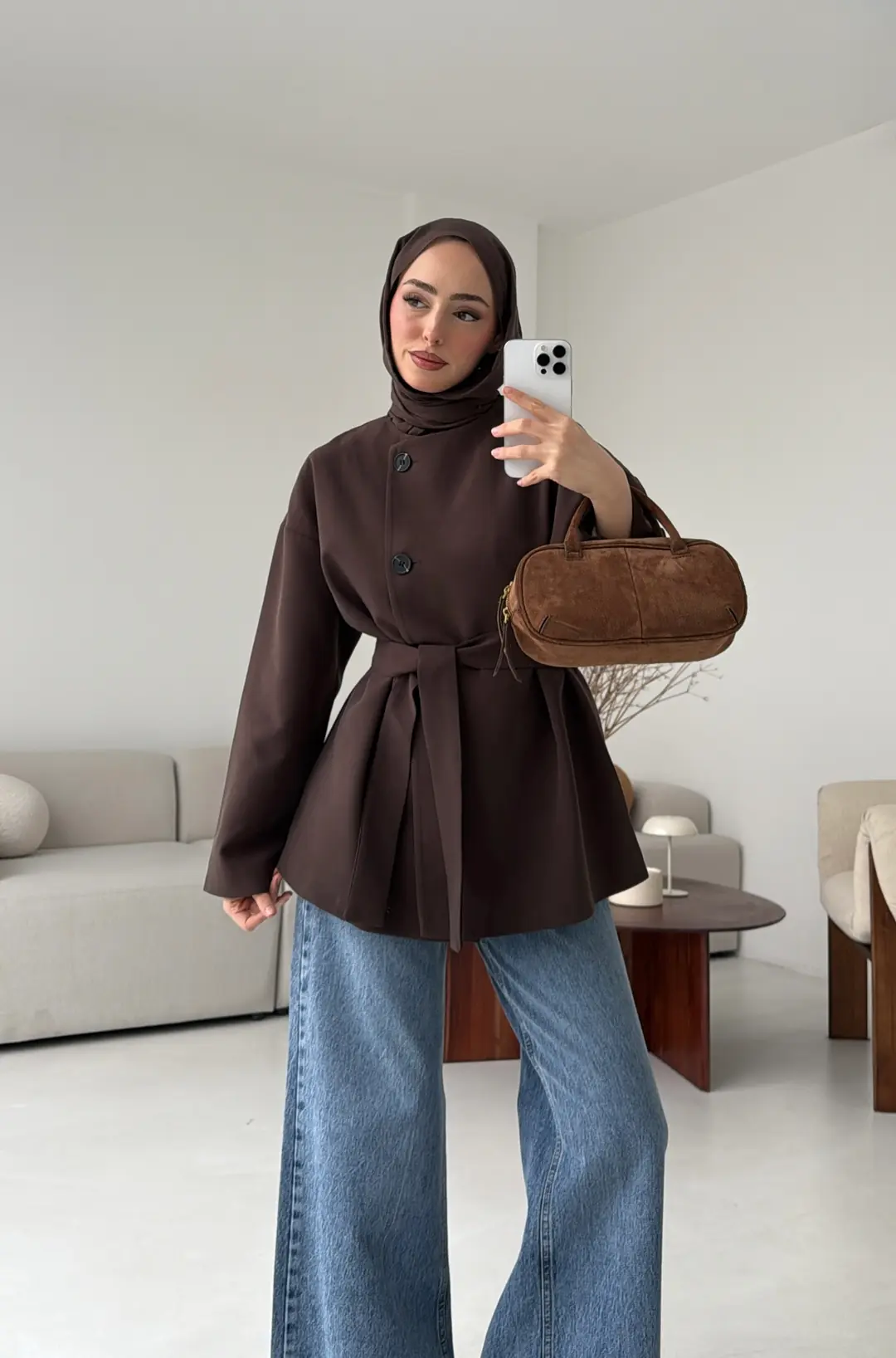 Yandan Düğmeli Kemerli Ceket Kahve - Görsel 2