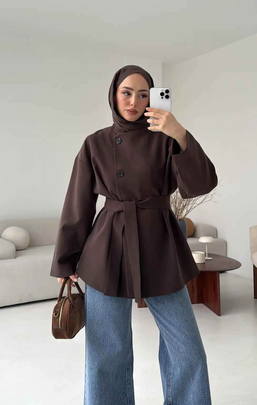 Yandan Düğmeli Kemerli Ceket Kahve - Görsel 8