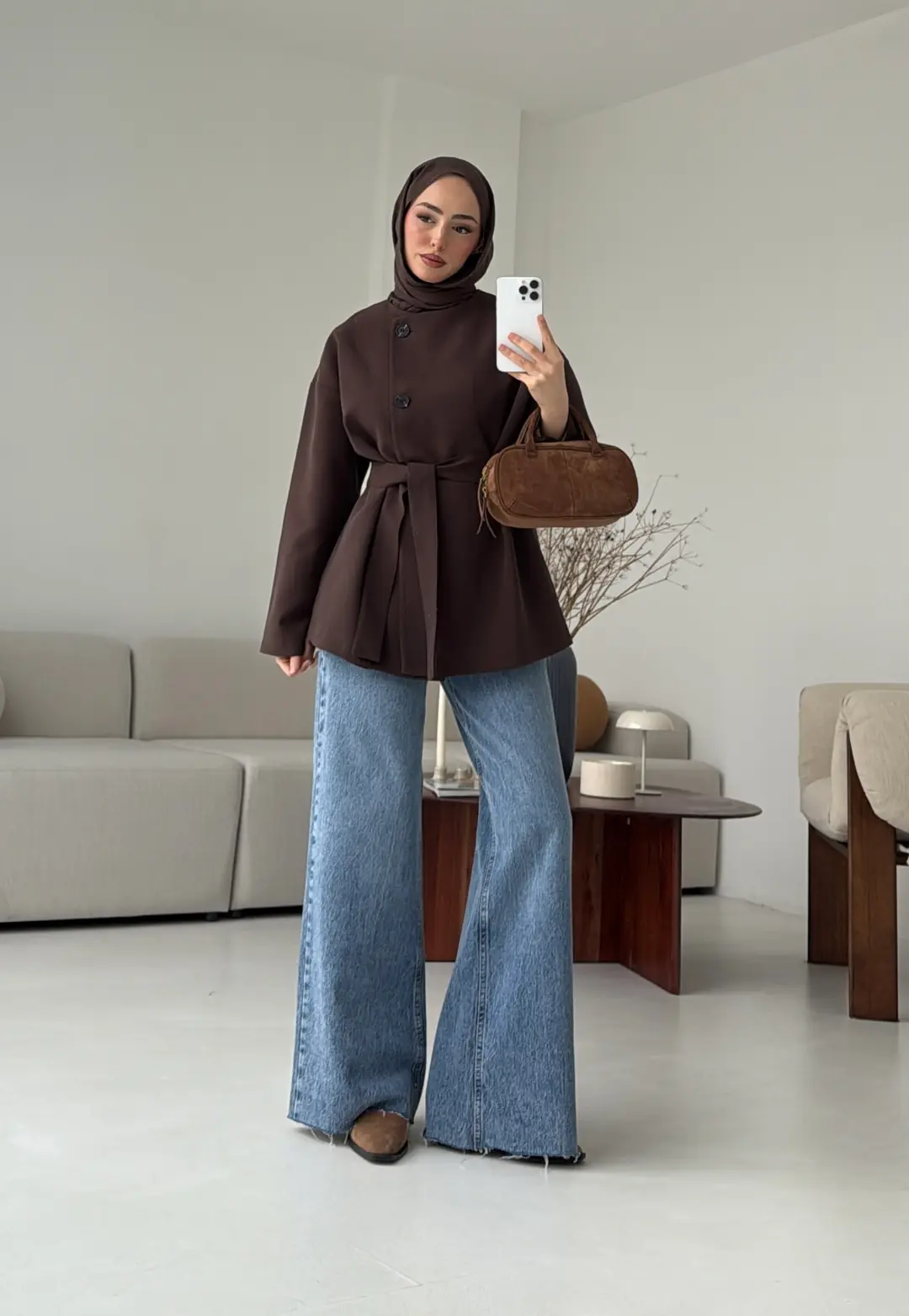 Yandan Düğmeli Kemerli Ceket Kahve - Görsel 9