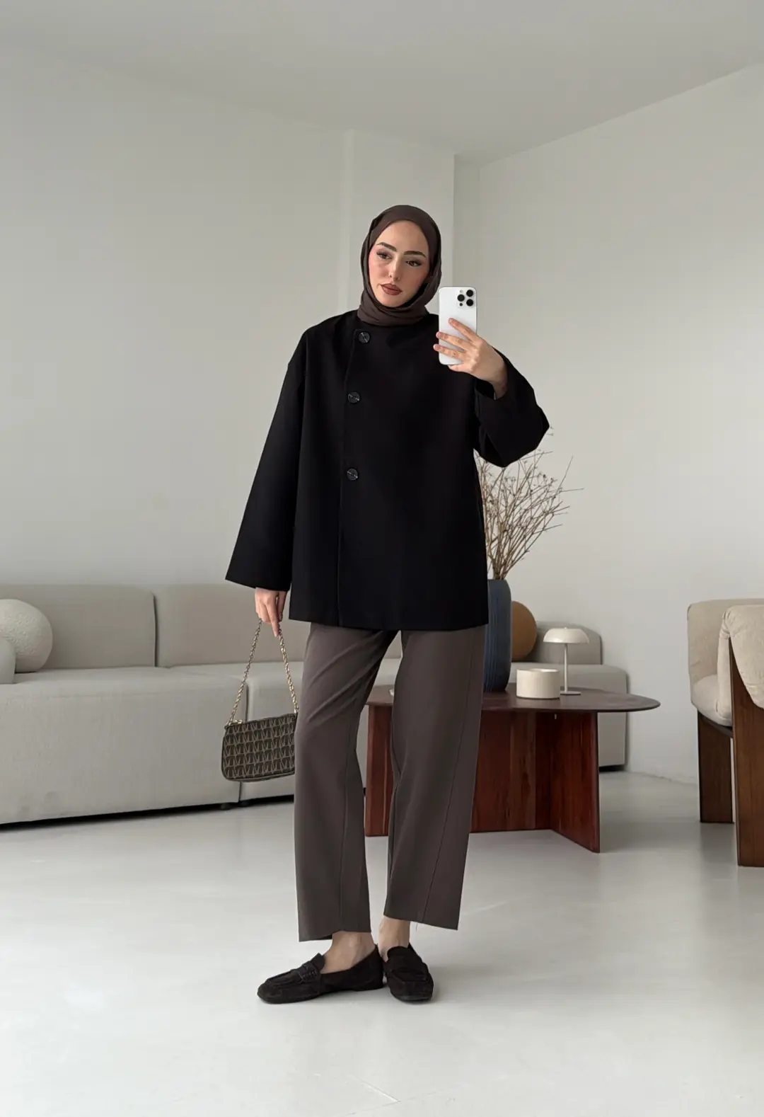 Yandan Düğmeli Kemerli Ceket Siyah - Görsel 6