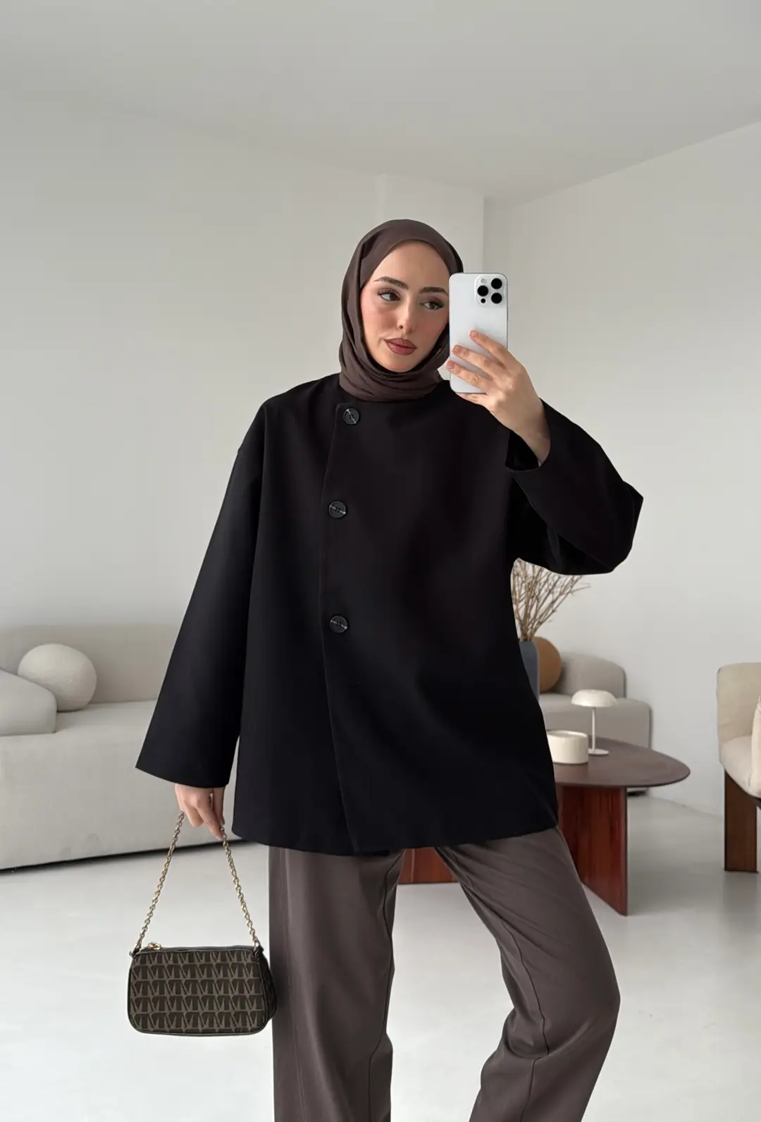 Yandan Düğmeli Kemerli Ceket Siyah - Görsel 8