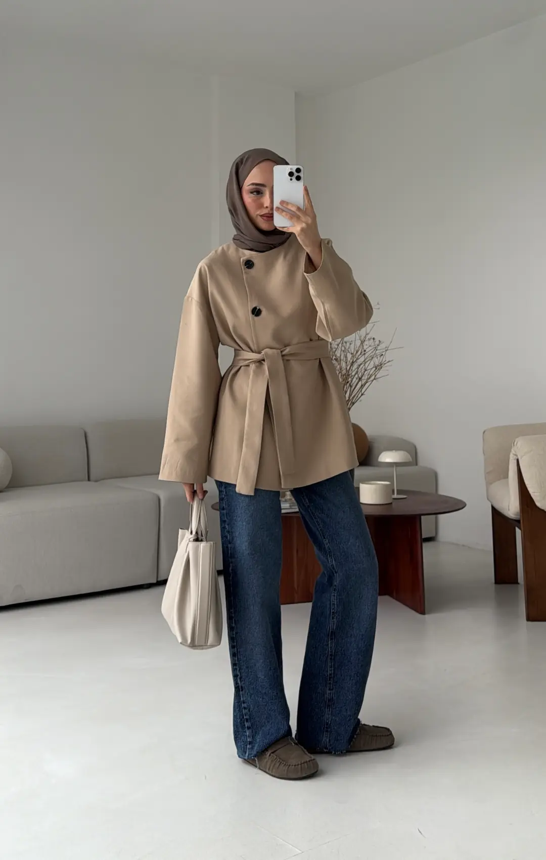 Yandan Düğmeli Kemerli Ceket Vizon - Görsel 3