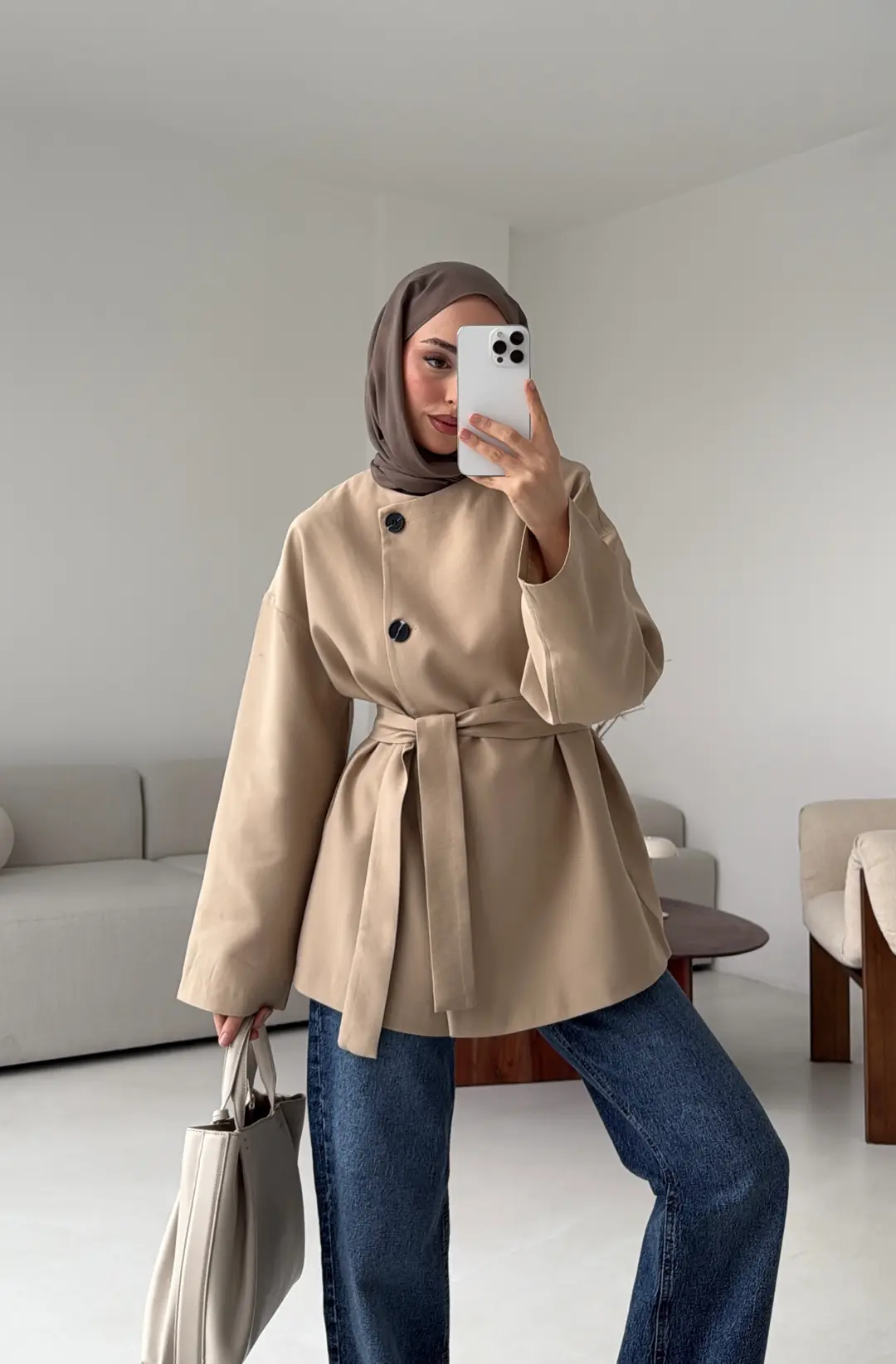 Yandan Düğmeli Kemerli Ceket Vizon - Görsel 6