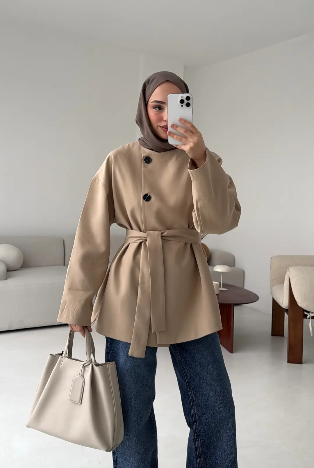 Yandan Düğmeli Kemerli Ceket Vizon - Görsel 7