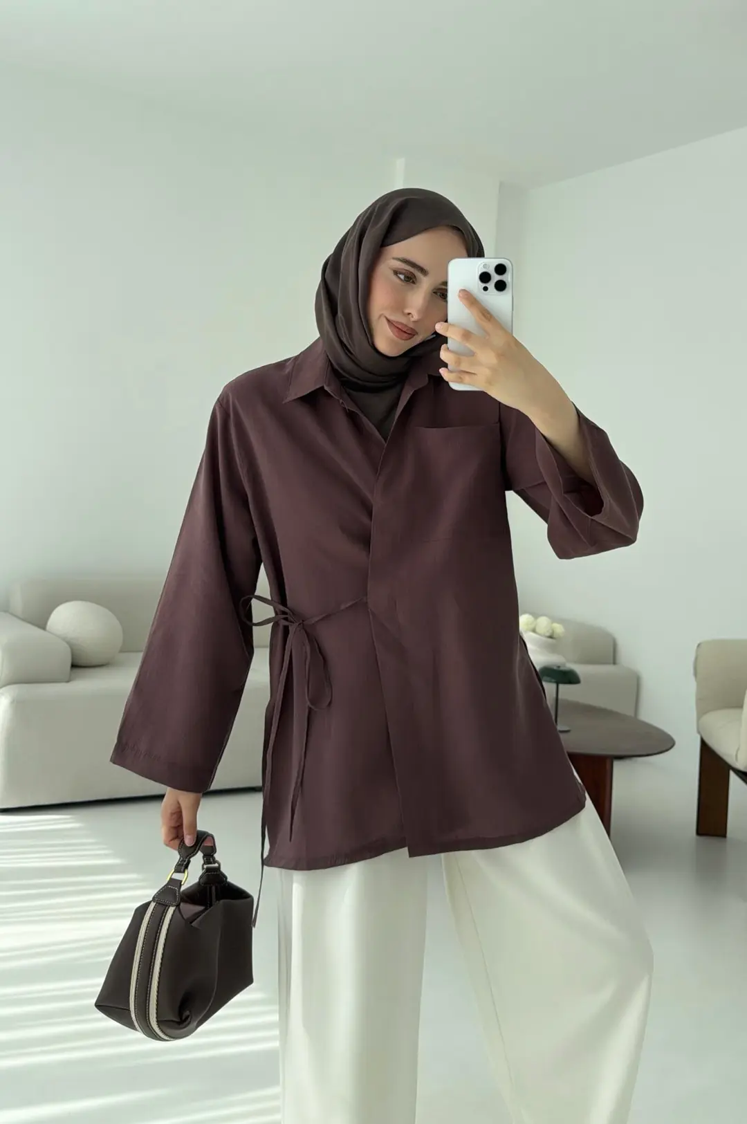 Yanı Yırtmaçlı Gömlek Kahve - Görsel 5