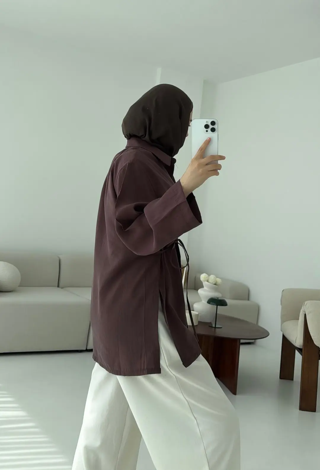 Yanı Yırtmaçlı Gömlek Kahve - Görsel 6