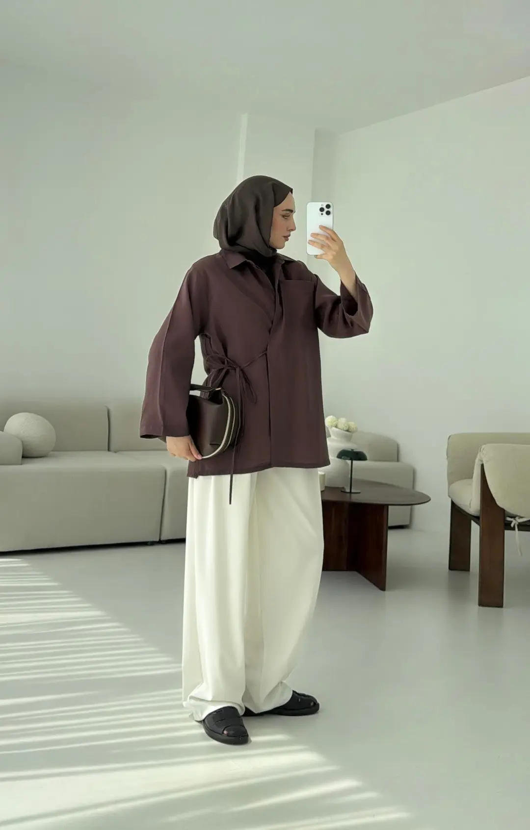 Yanı Yırtmaçlı Gömlek Kahve - Görsel 7