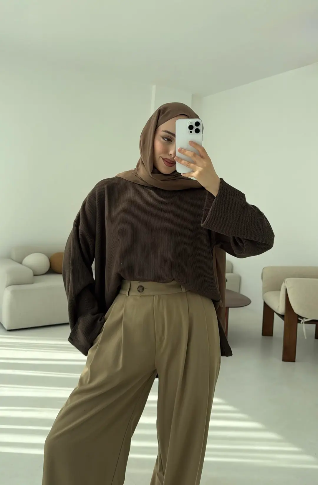 Yanı Yırtmaçlı Triko Kazak Kahve