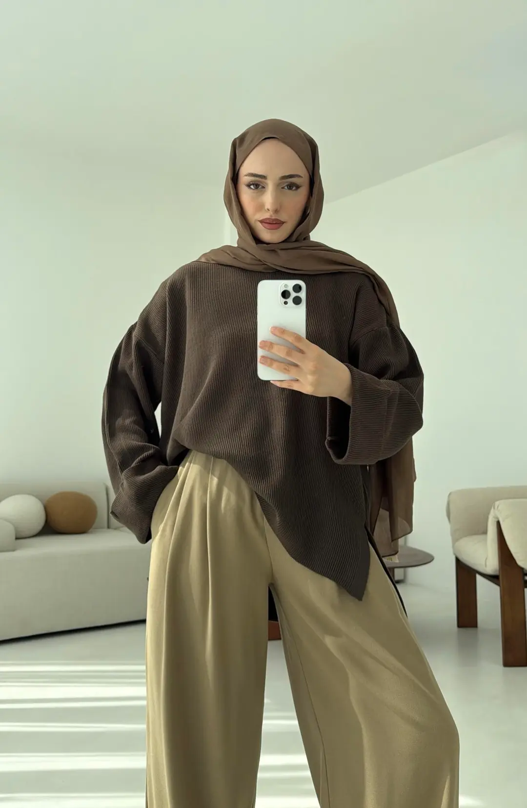 Yanı Yırtmaçlı Triko Kazak Kahve - Görsel 2