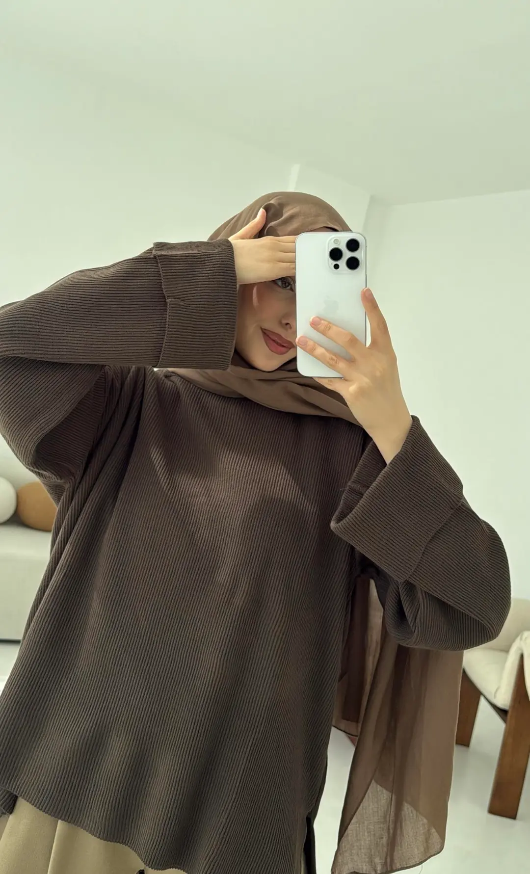 Yanı Yırtmaçlı Triko Kazak Kahve - Görsel 5