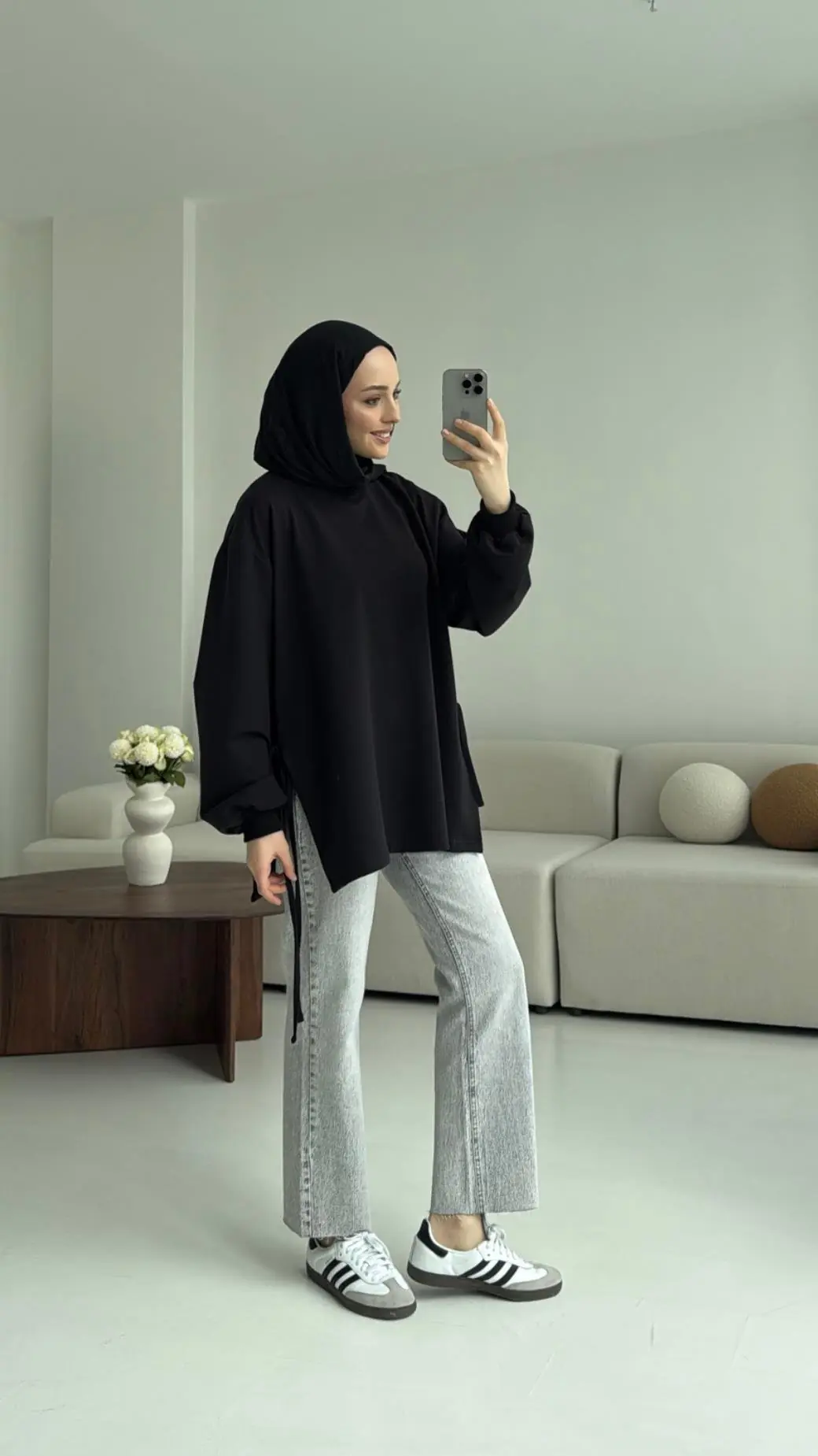 Yanları Bağlamalı Yazlık  Sweatshirt Siyah - Görsel 4