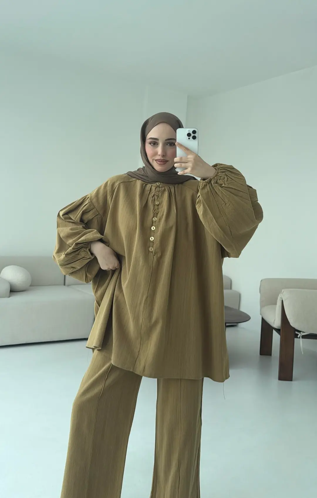 Yarım Düğme Detaylı Takım Hardal - Görsel 6