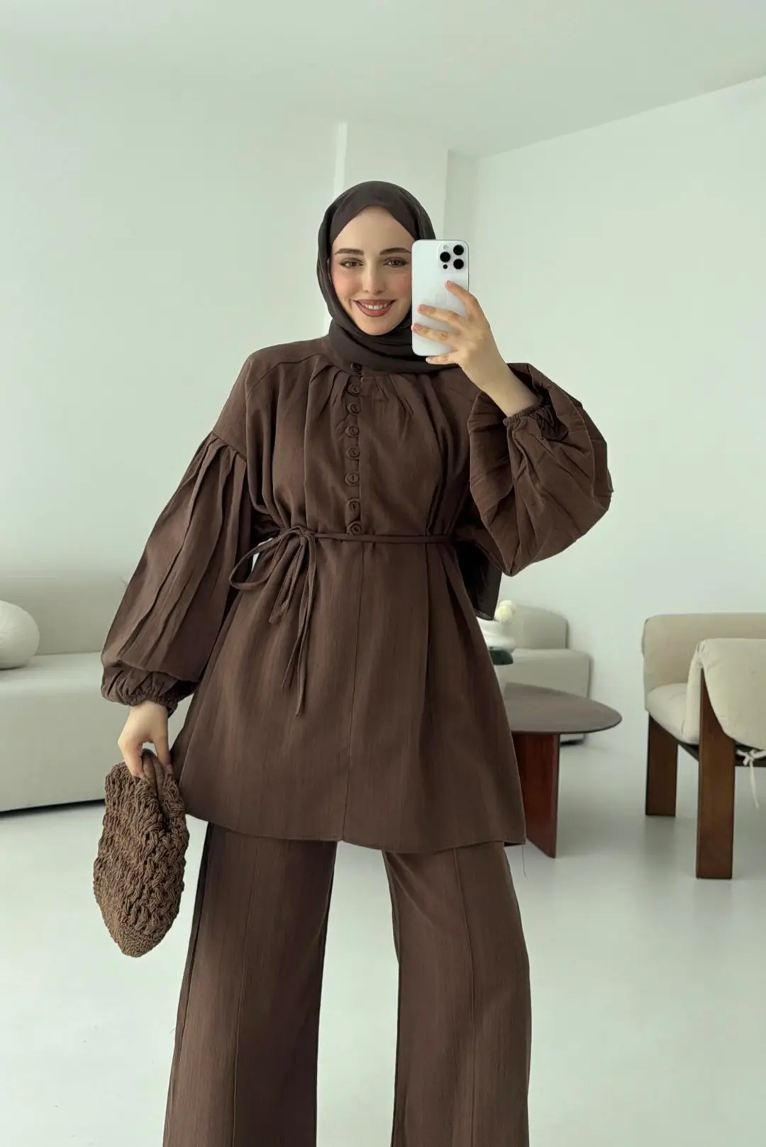 Yarım Düğme Detaylı Takım Kahve - Görsel 10