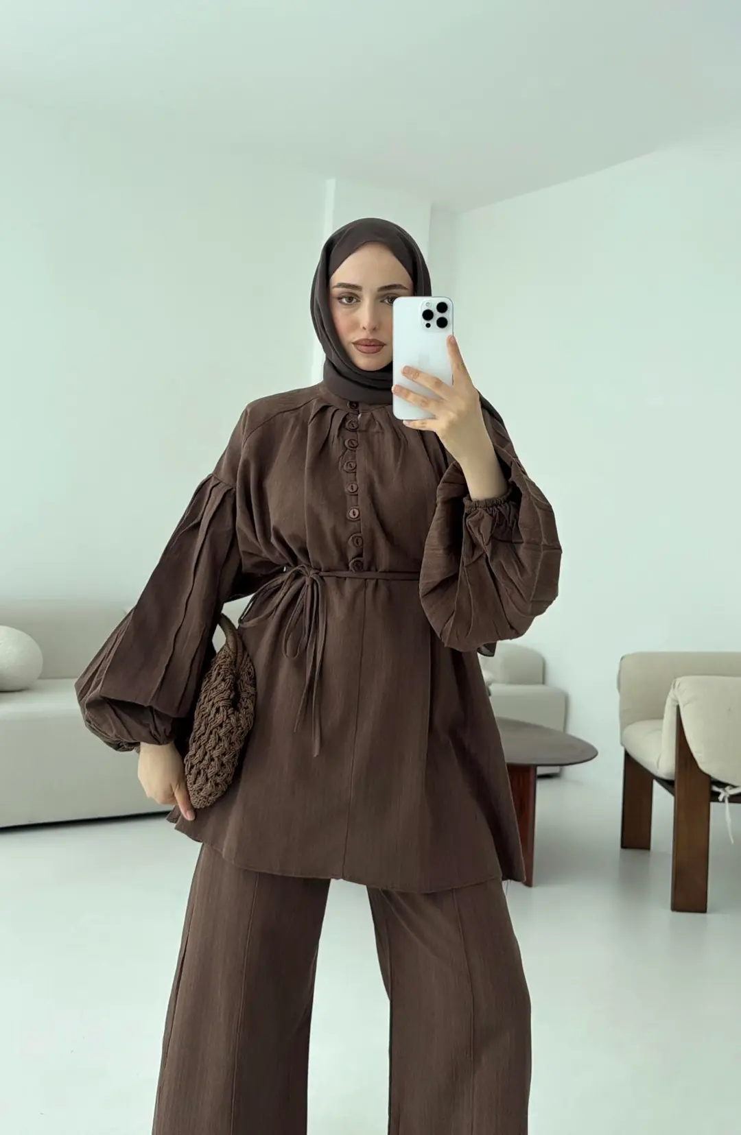 Yarım Düğme Detaylı Takım Kahve - Görsel 7