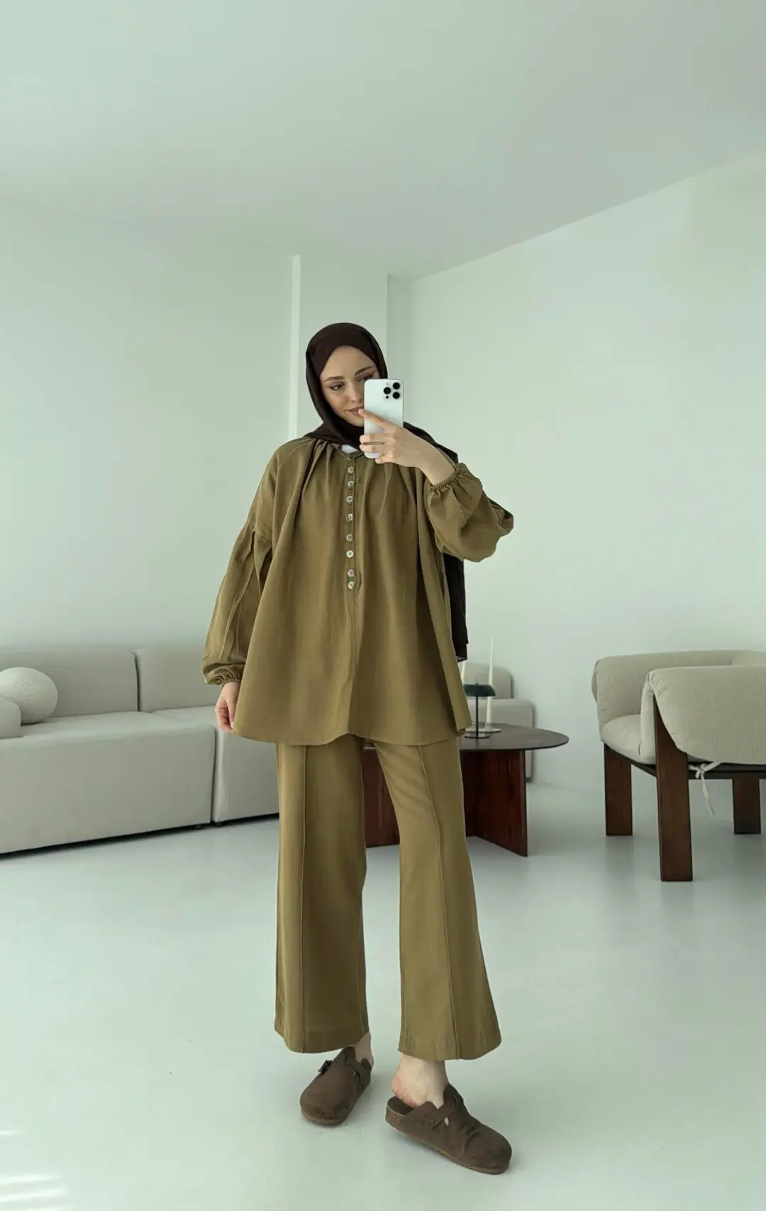 Yarım Düğme Detaylı Takım Olive - Görsel 3