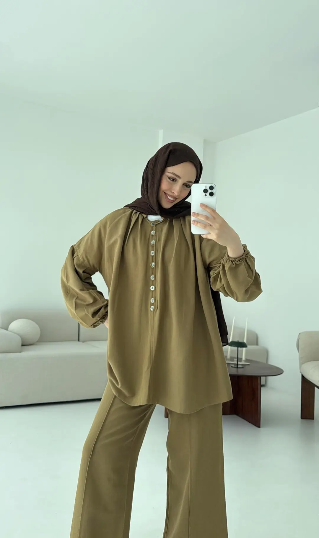 Yarım Düğme Detaylı Takım Olive - Görsel 5