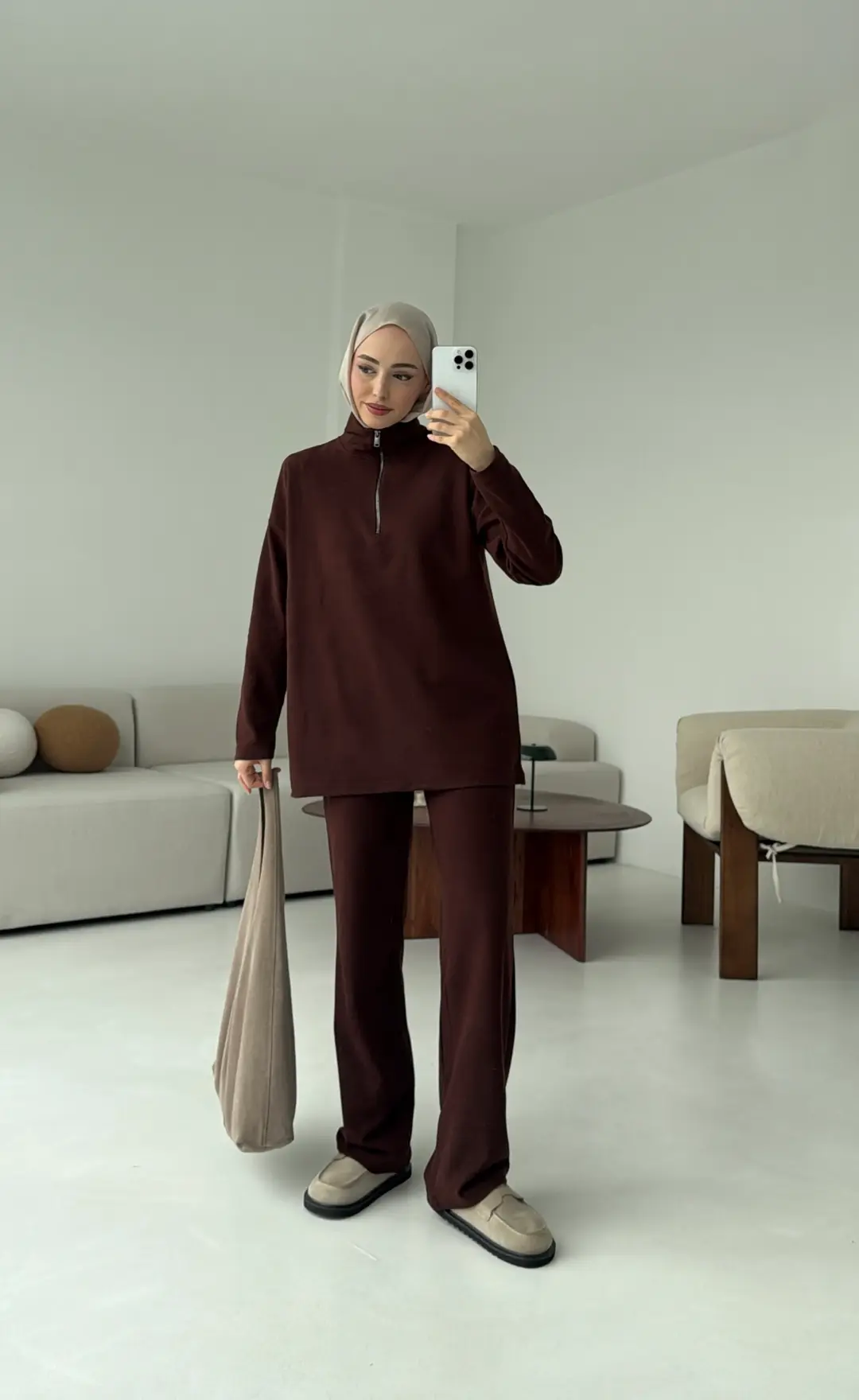 Yarım Fermuarlı Takım Kahve - Görsel 12