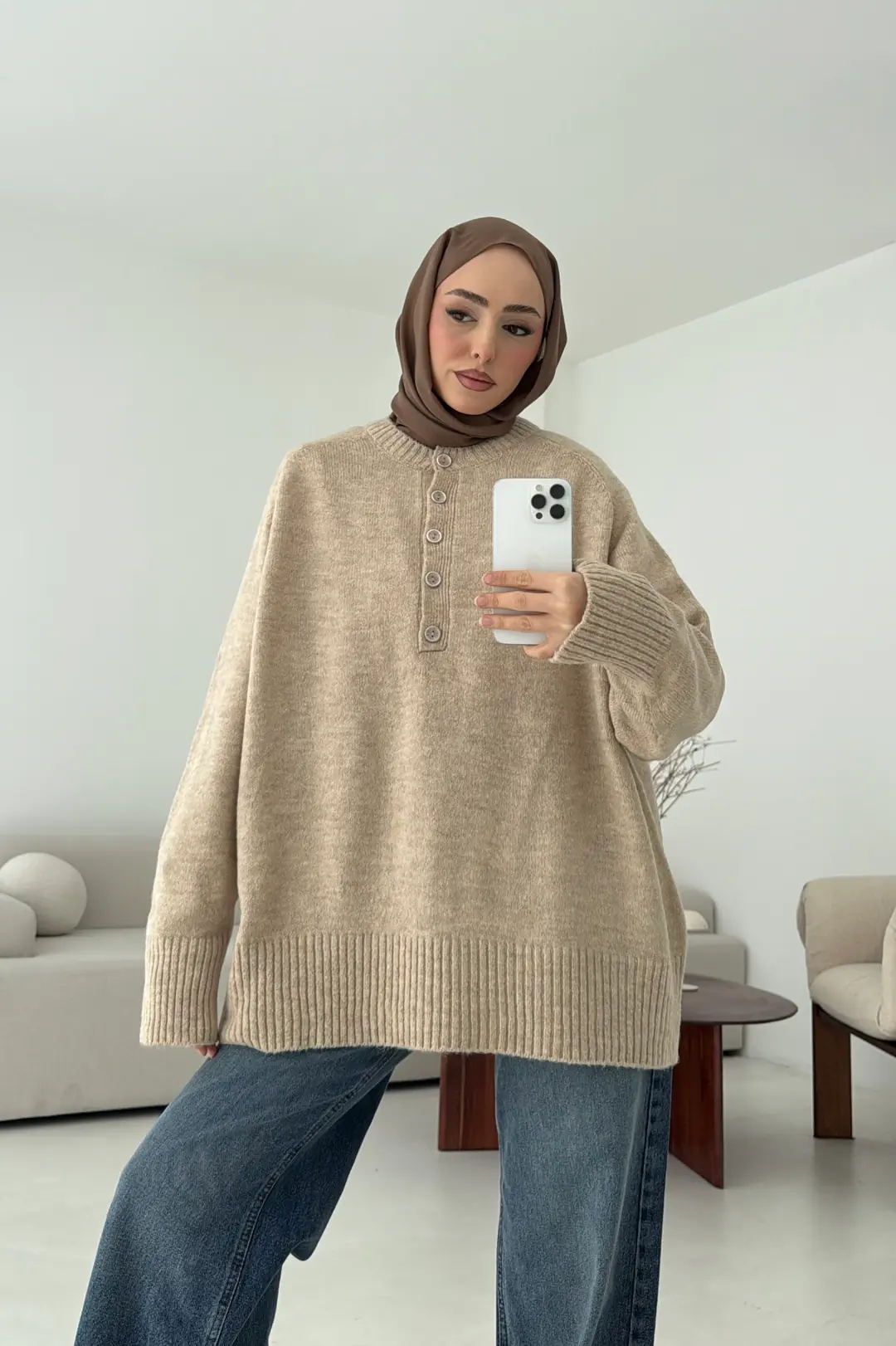 Yarım Düğmeli Triko Kazak Bej - Görsel 10
