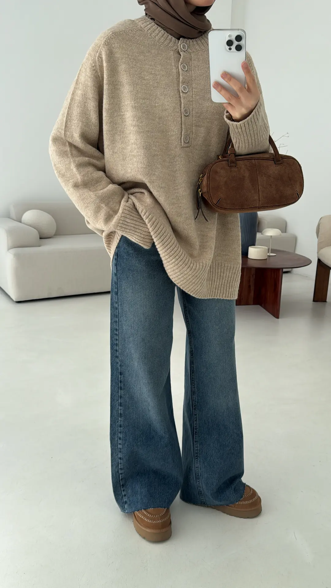 Yarım Düğmeli Triko Kazak Bej - Görsel 2