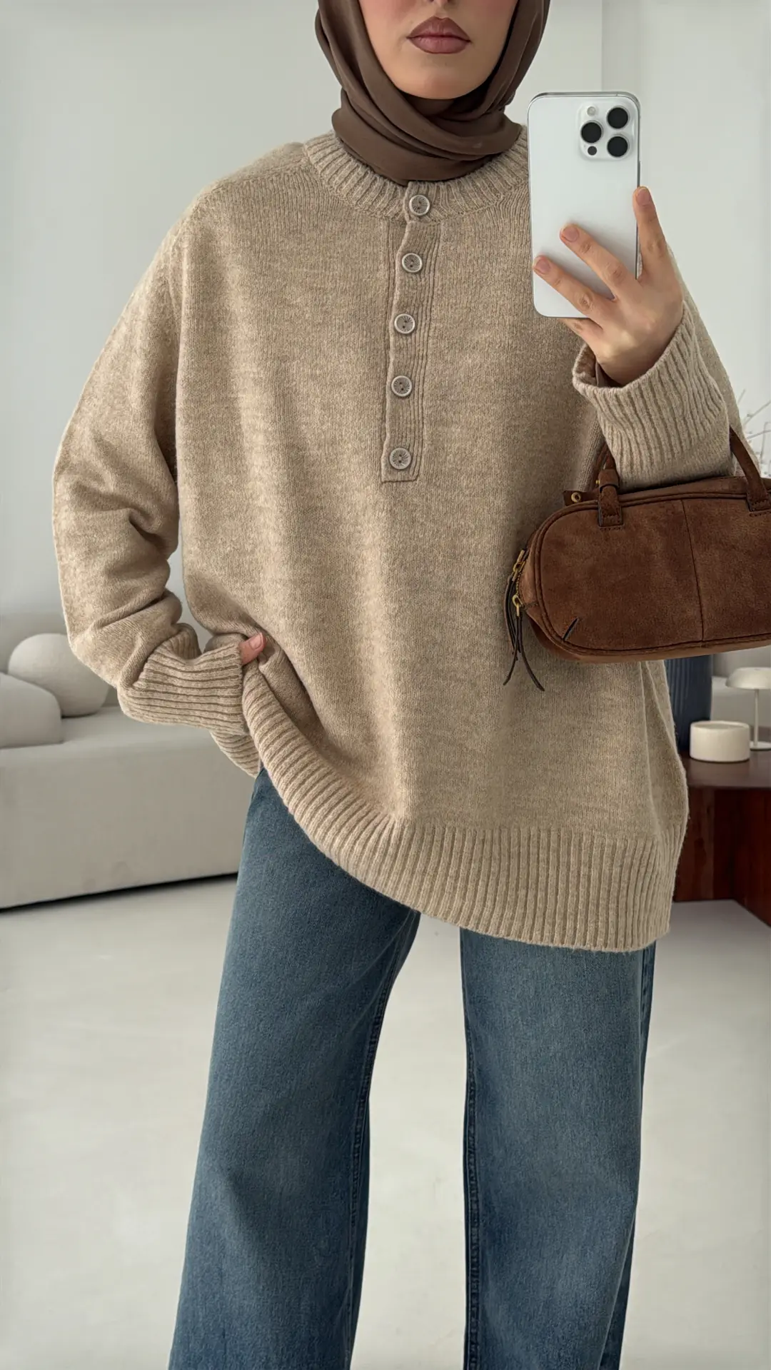 Yarım Düğmeli Triko Kazak Bej - Görsel 3