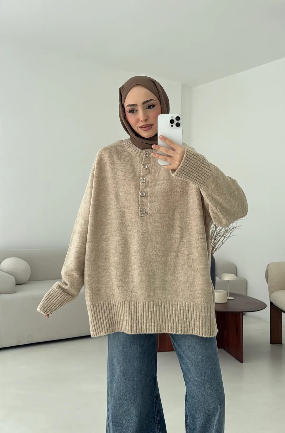 Yarım Düğmeli Triko Kazak Bej - Görsel 4