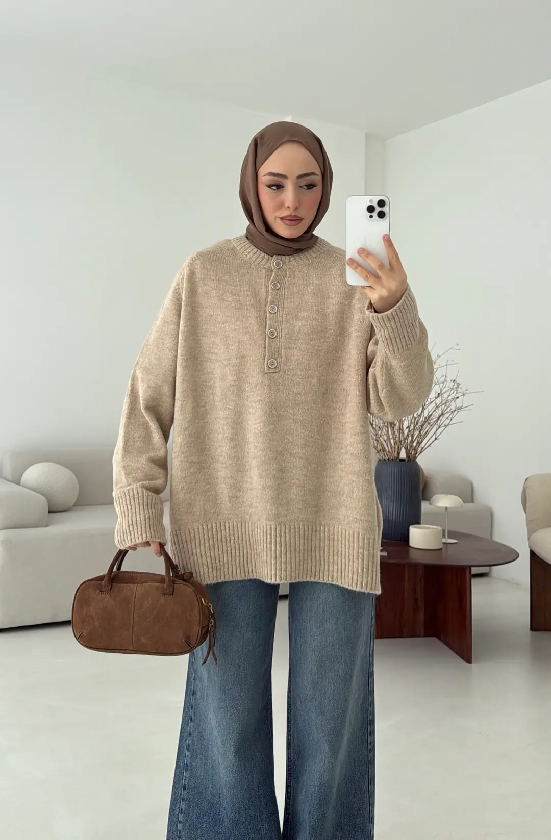 Yarım Düğmeli Triko Kazak Bej - Görsel 5