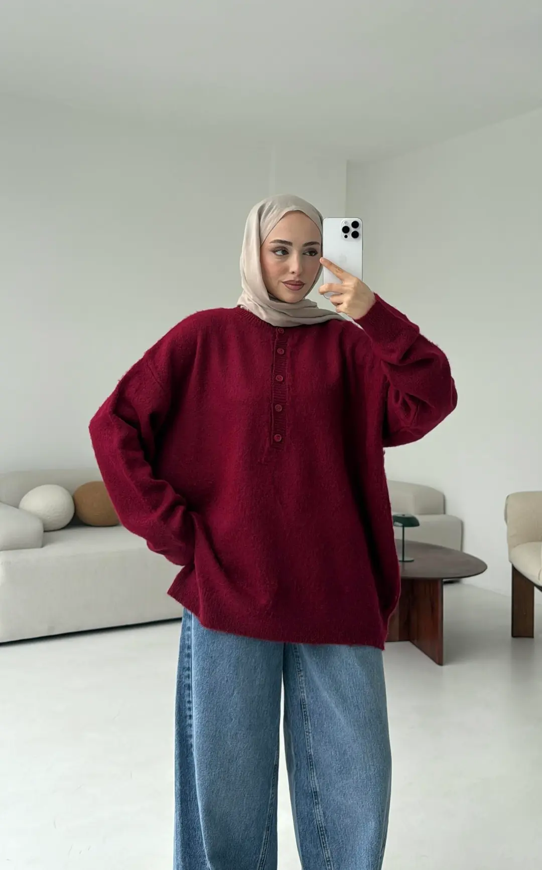 Yarım Dügmeli Triko Kazak Bordo. - Görsel 3