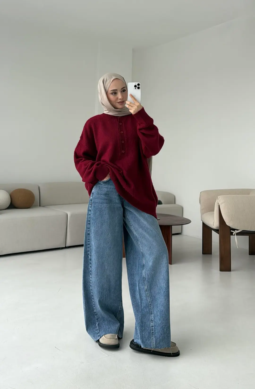 Yarım Dügmeli Triko Kazak Bordo. - Görsel 4