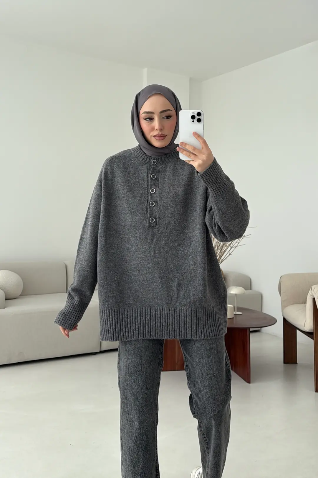 Yarım Düğmeli Triko Kazak Gri