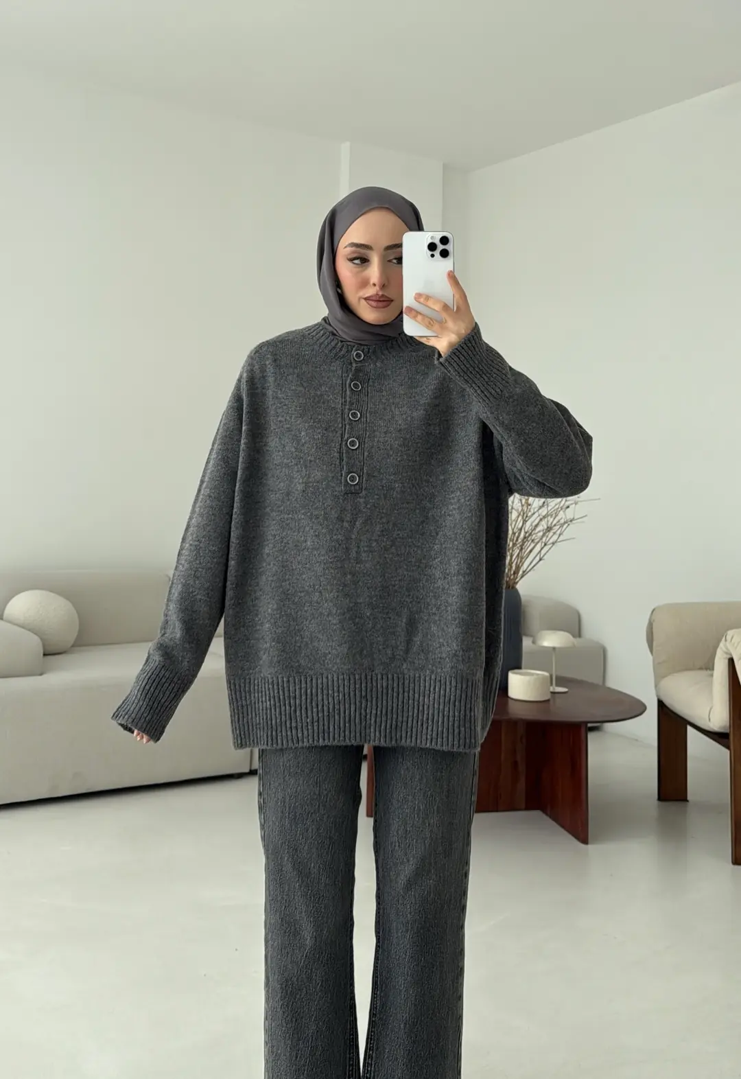 Yarım Düğmeli Triko Kazak Gri - Görsel 3