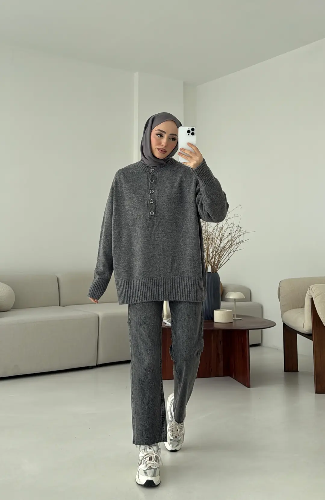 Yarım Düğmeli Triko Kazak Gri - Görsel 4